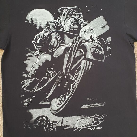 Vintage 2007 Liquid Blue FTW Biker Bulldog Sz M-L Mens Black Double Side T-Shirt - Picture 2 of 7